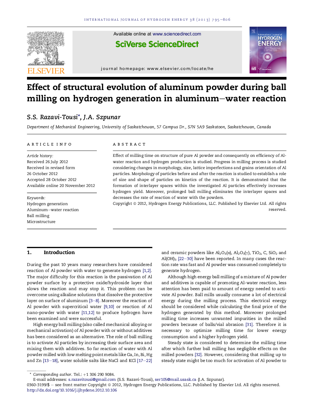 Effect of structural evolution of aluminum powder during ball milling on hydrogen generation in aluminum–water reaction