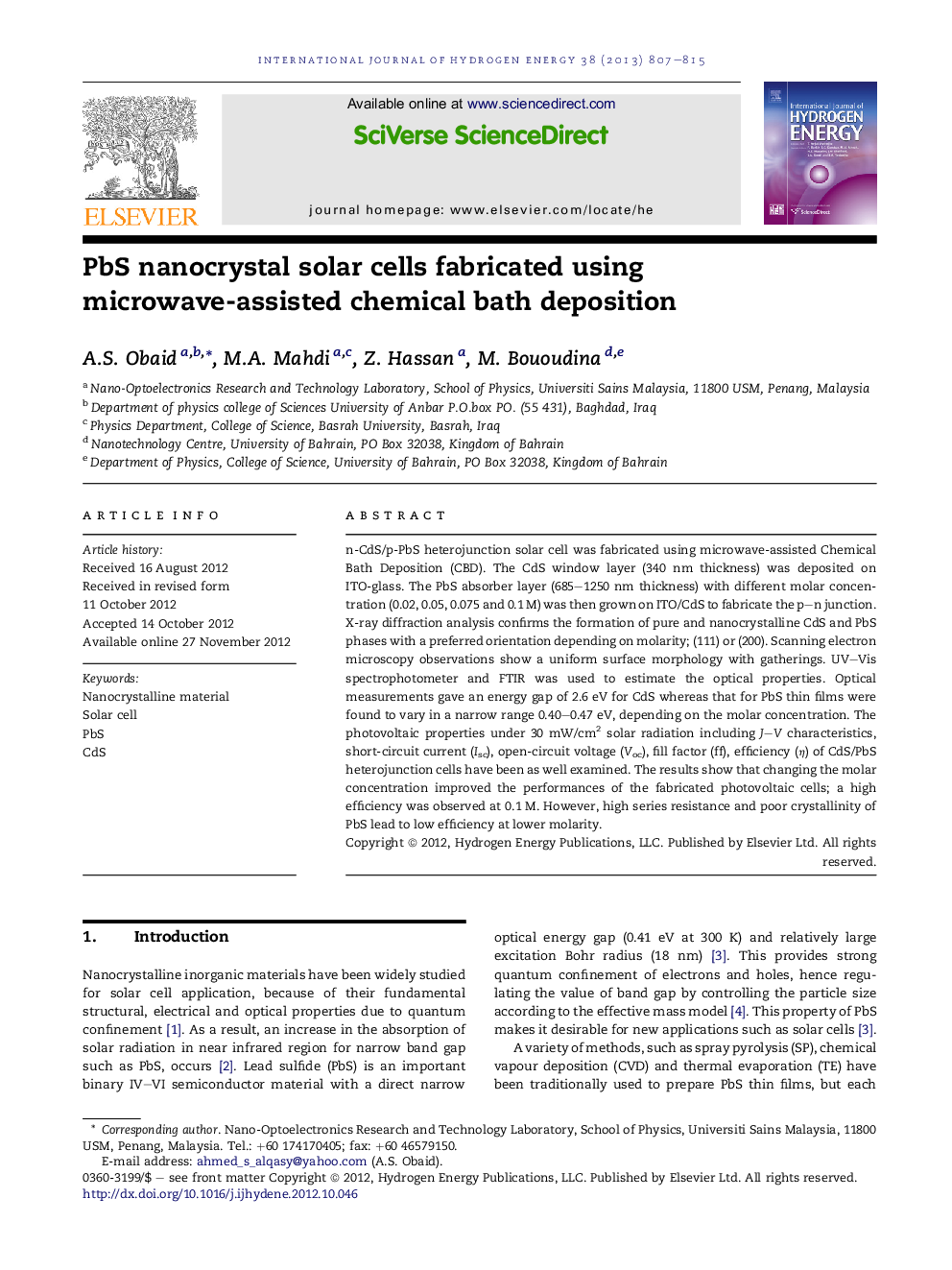 PbS nanocrystal solar cells fabricated using microwave-assisted chemical bath deposition