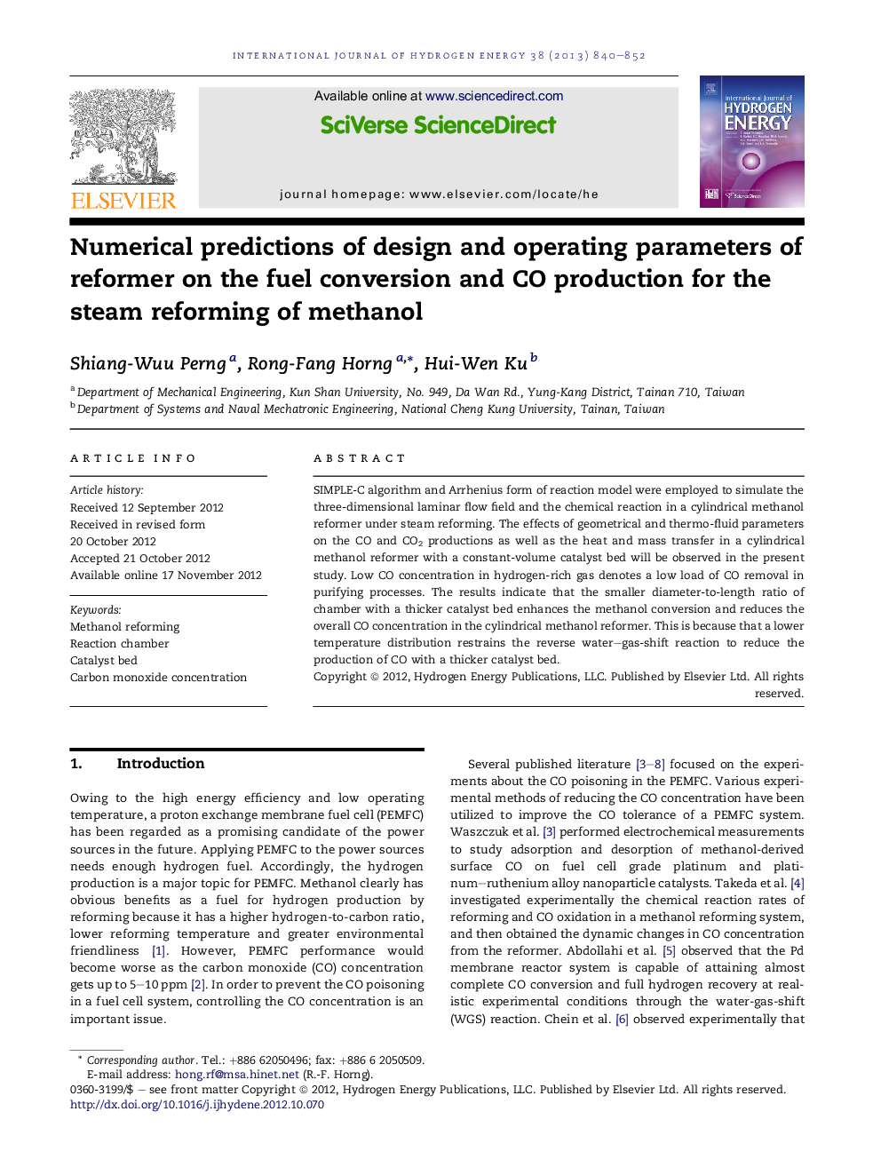 Numerical predictions of design and operating parameters of reformer on the fuel conversion and CO production for the steam reforming of methanol