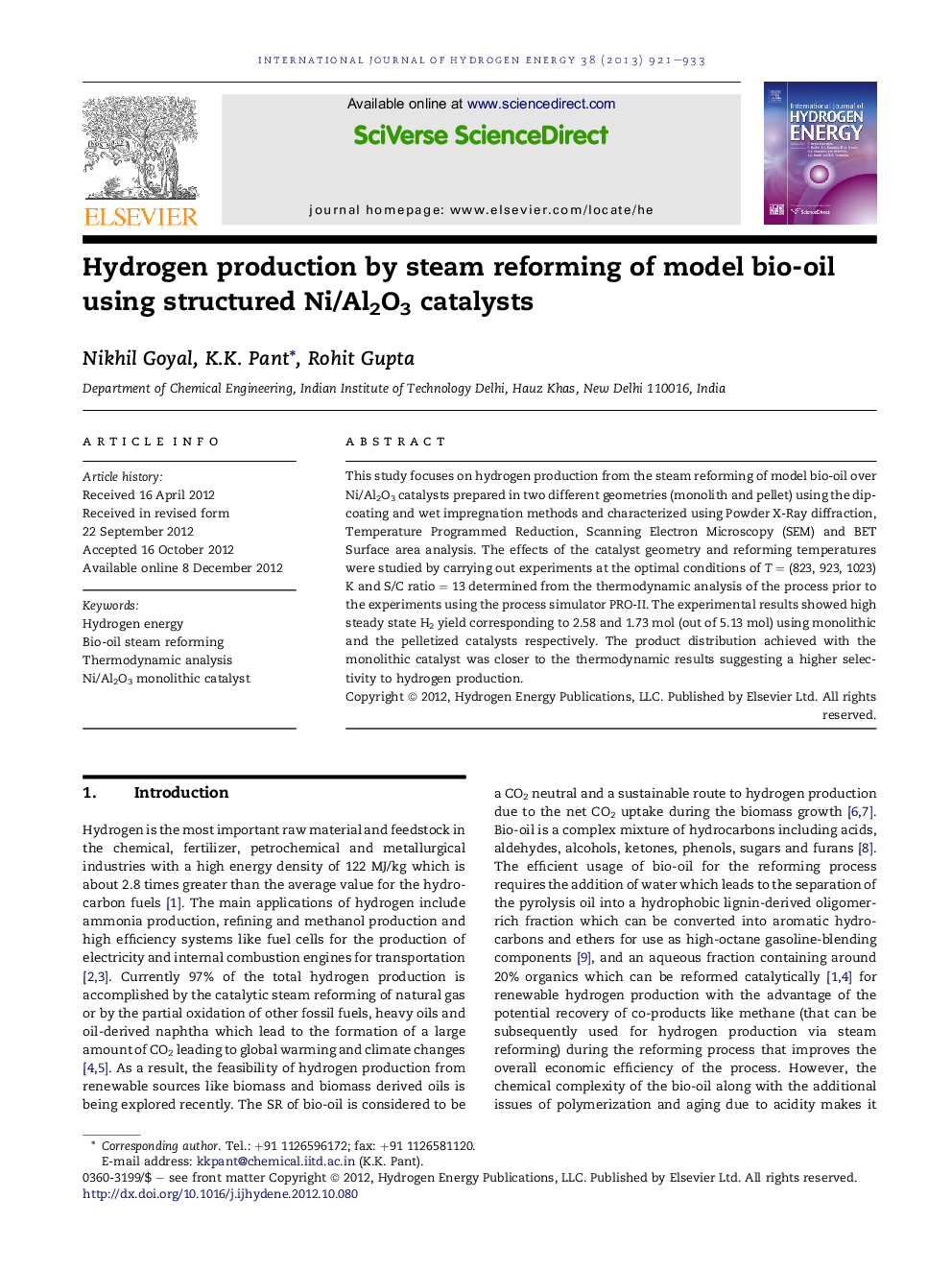 Hydrogen production by steam reforming of model bio-oil using structured Ni/Al2O3 catalysts