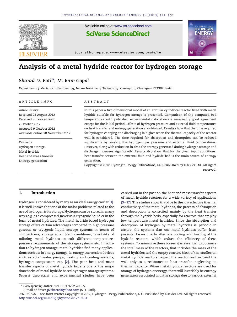 Analysis of a metal hydride reactor for hydrogen storage