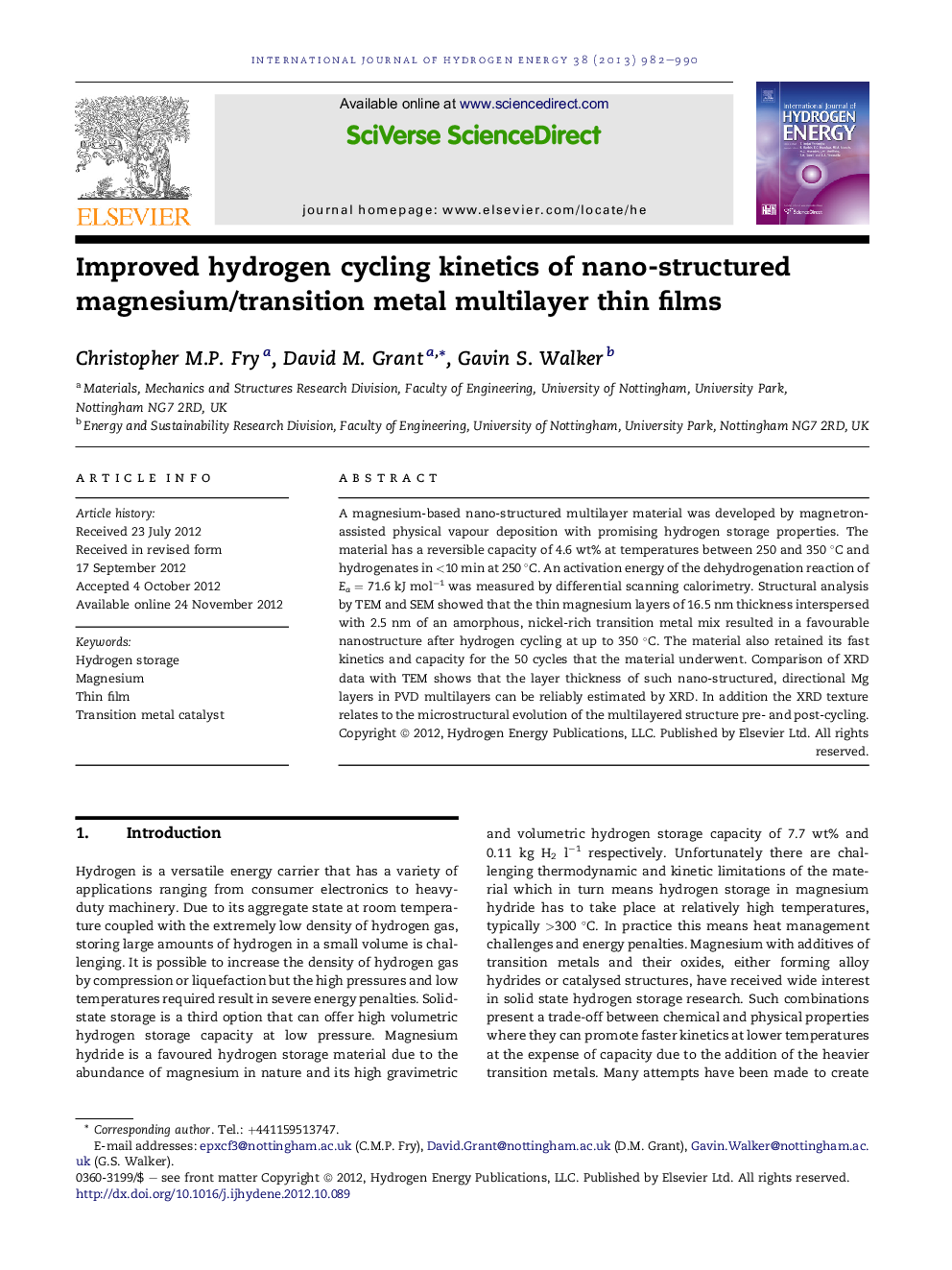 Improved hydrogen cycling kinetics of nano-structured magnesium/transition metal multilayer thin films