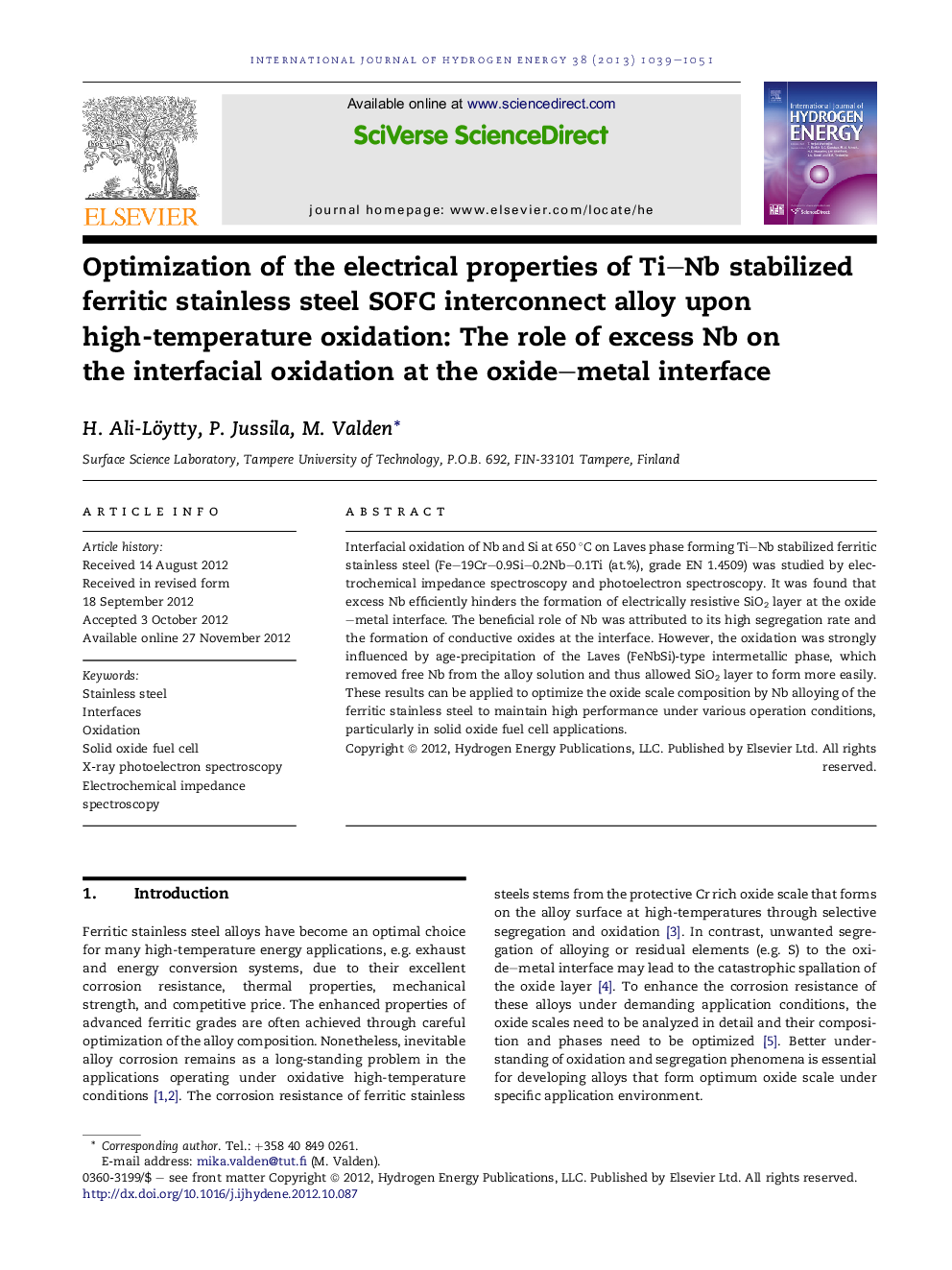 Optimization of the electrical properties of Ti–Nb stabilized ferritic stainless steel SOFC interconnect alloy upon high-temperature oxidation: The role of excess Nb on the interfacial oxidation at the oxide–metal interface