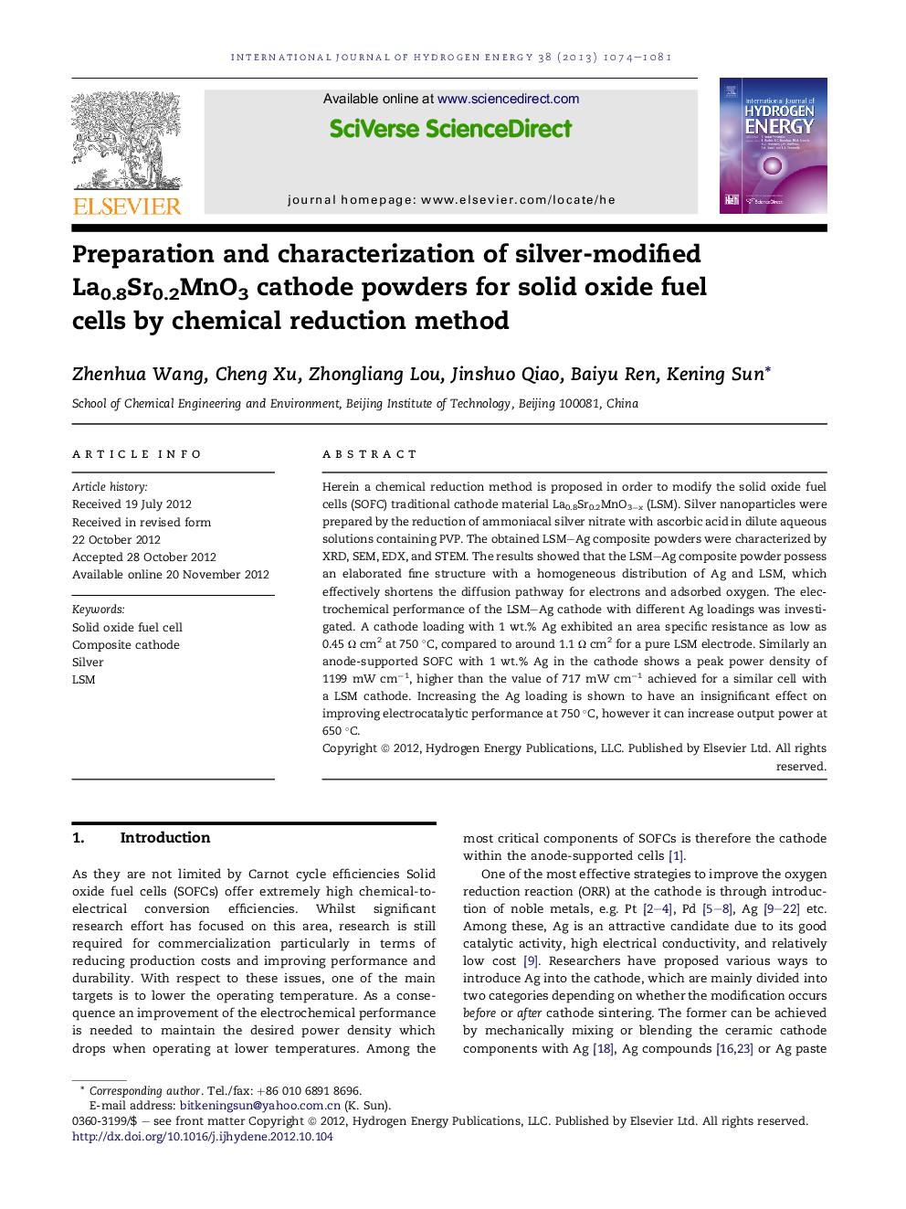 Preparation and characterization of silver-modified La0.8Sr0.2MnO3 cathode powders for solid oxide fuel cells by chemical reduction method