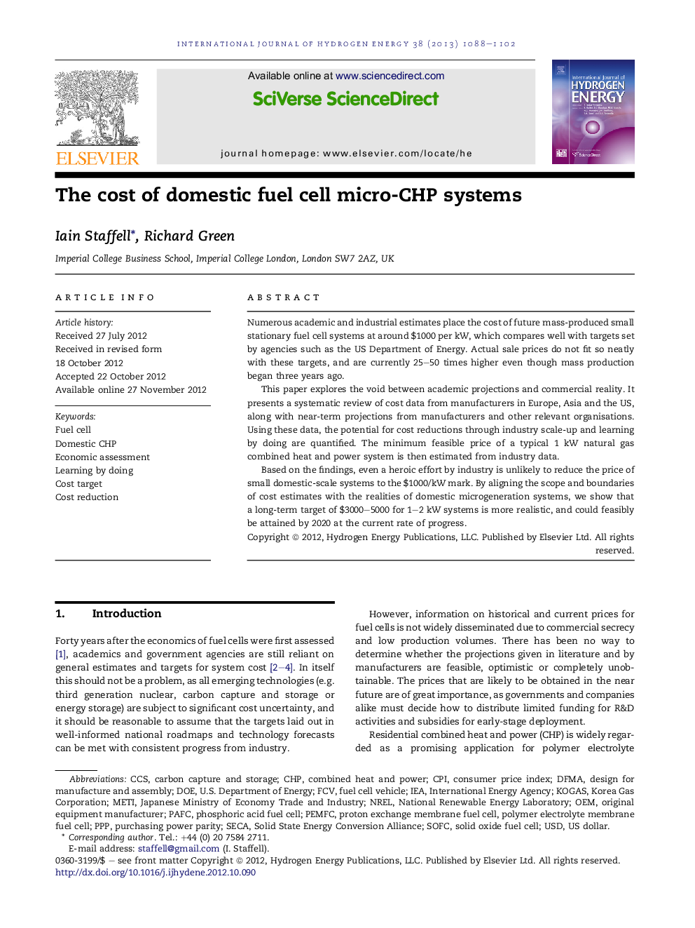 The cost of domestic fuel cell micro-CHP systems