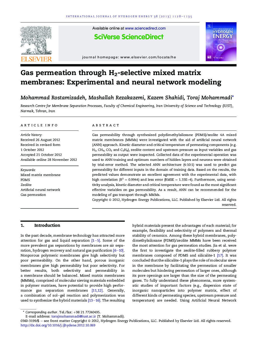 Gas permeation through H2-selective mixed matrix membranes: Experimental and neural network modeling