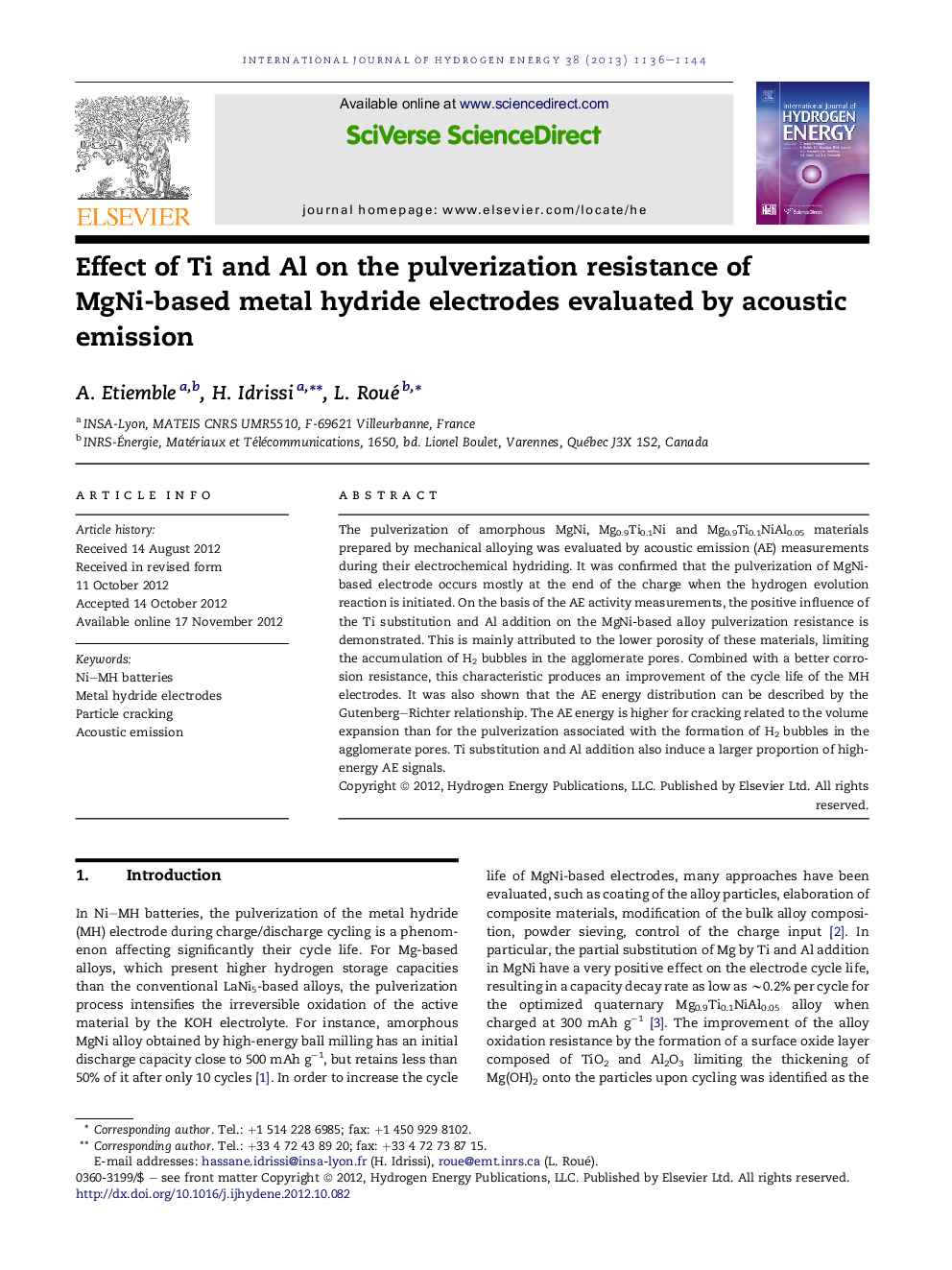 Effect of Ti and Al on the pulverization resistance of MgNi-based metal hydride electrodes evaluated by acoustic emission