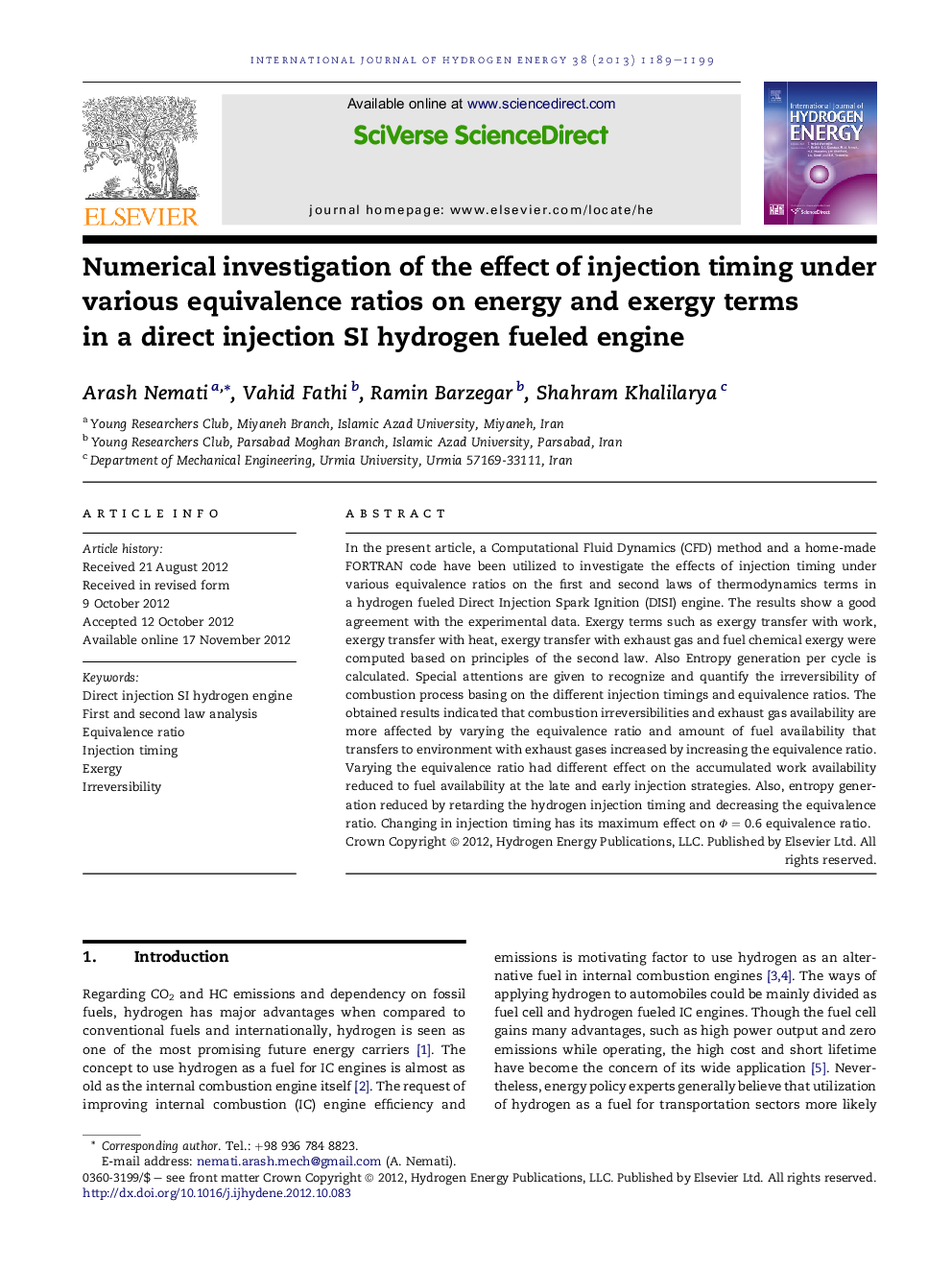 Numerical investigation of the effect of injection timing under various equivalence ratios on energy and exergy terms in a direct injection SI hydrogen fueled engine