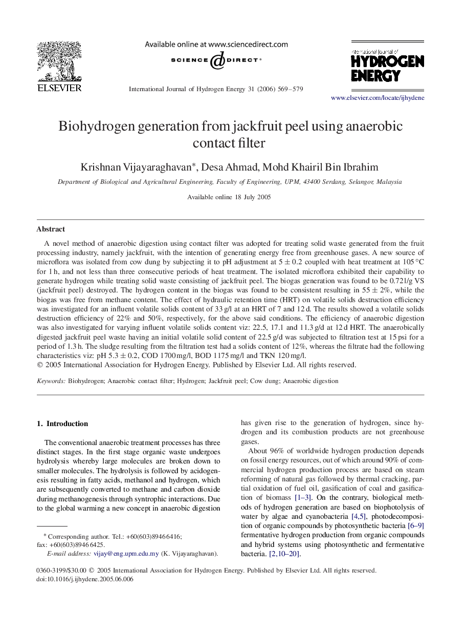 Biohydrogen generation from jackfruit peel using anaerobic contact filter