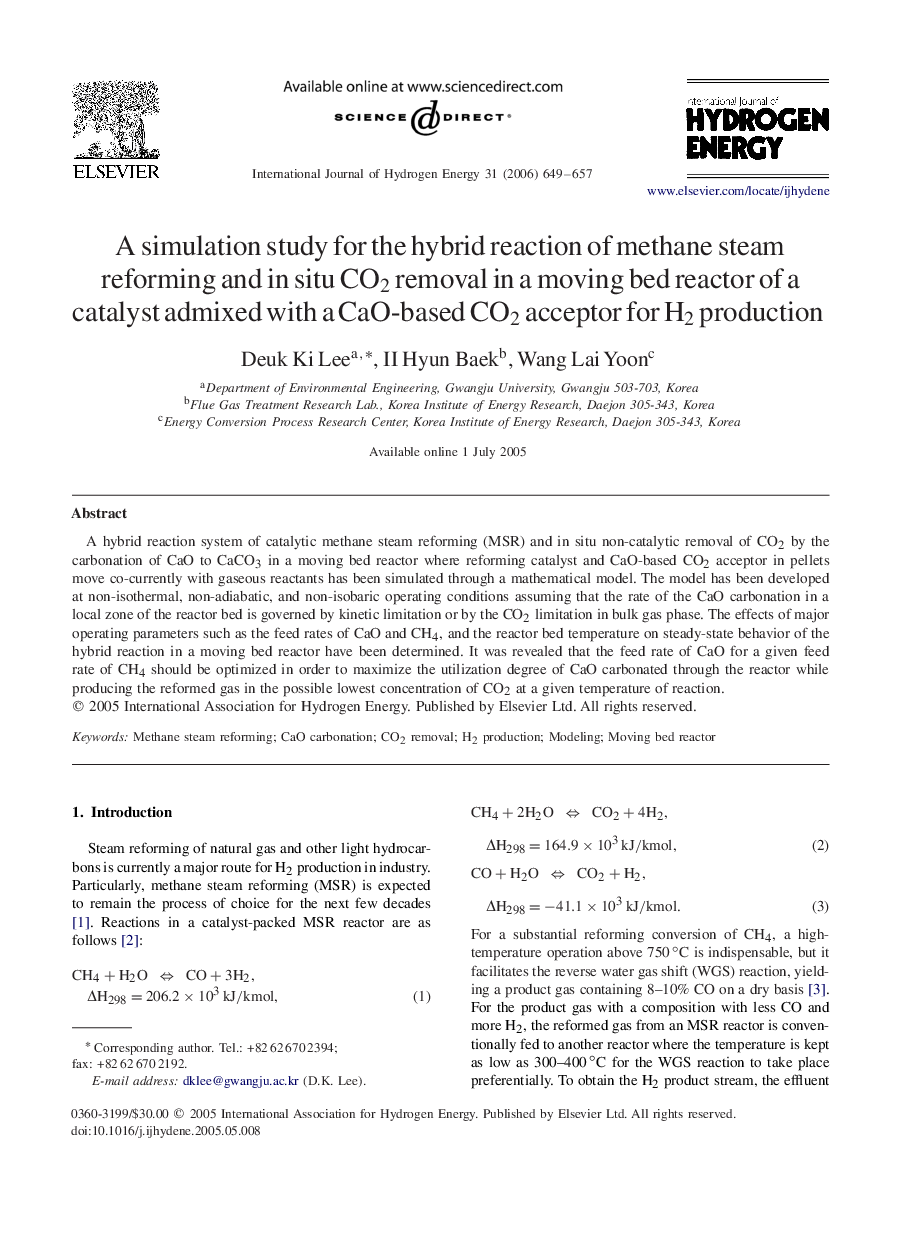 A simulation study for the hybrid reaction of methane steam reforming and in situ CO2CO2 removal in a moving bed reactor of a catalyst admixed with a CaO-based CO2CO2 acceptor for H2H2 production