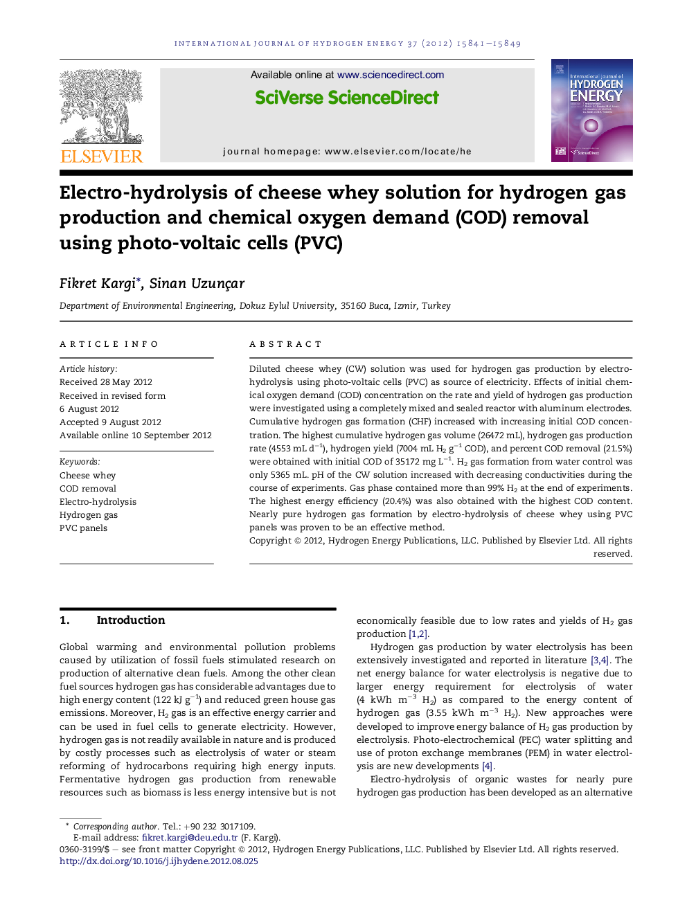 Electro-hydrolysis of cheese whey solution for hydrogen gas production and chemical oxygen demand (COD) removal using photo-voltaic cells (PVC)