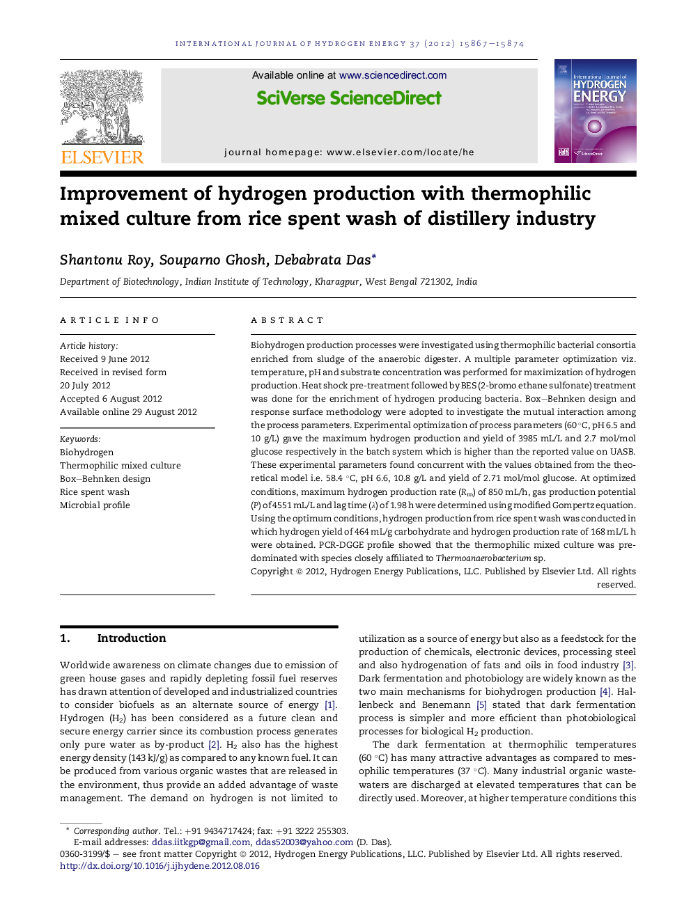 Improvement of hydrogen production with thermophilic mixed culture from rice spent wash of distillery industry