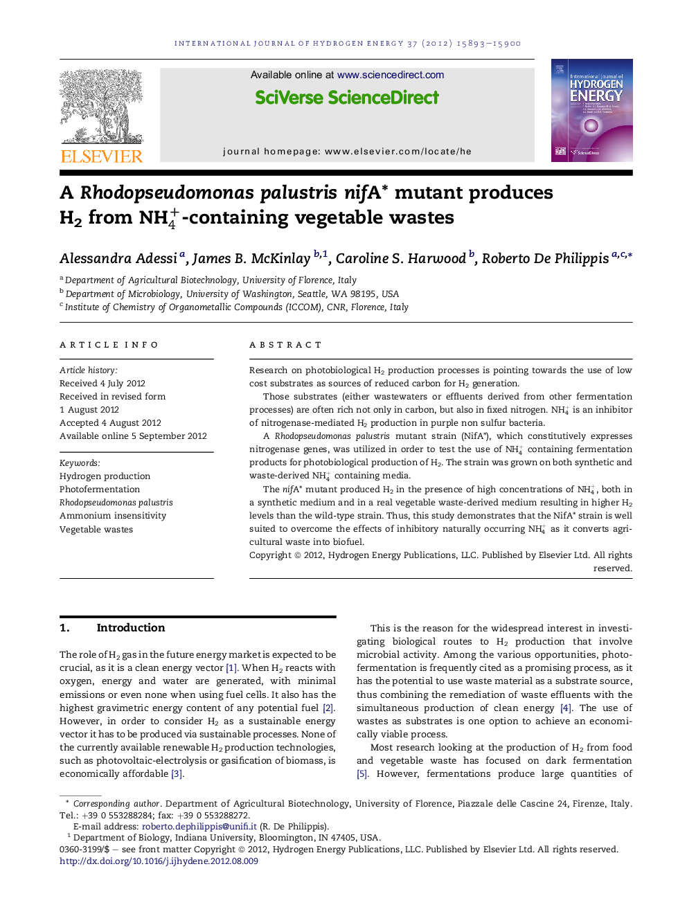 A Rhodopseudomonas palustris nifA* mutant produces H2 from NH4+-containing vegetable wastes