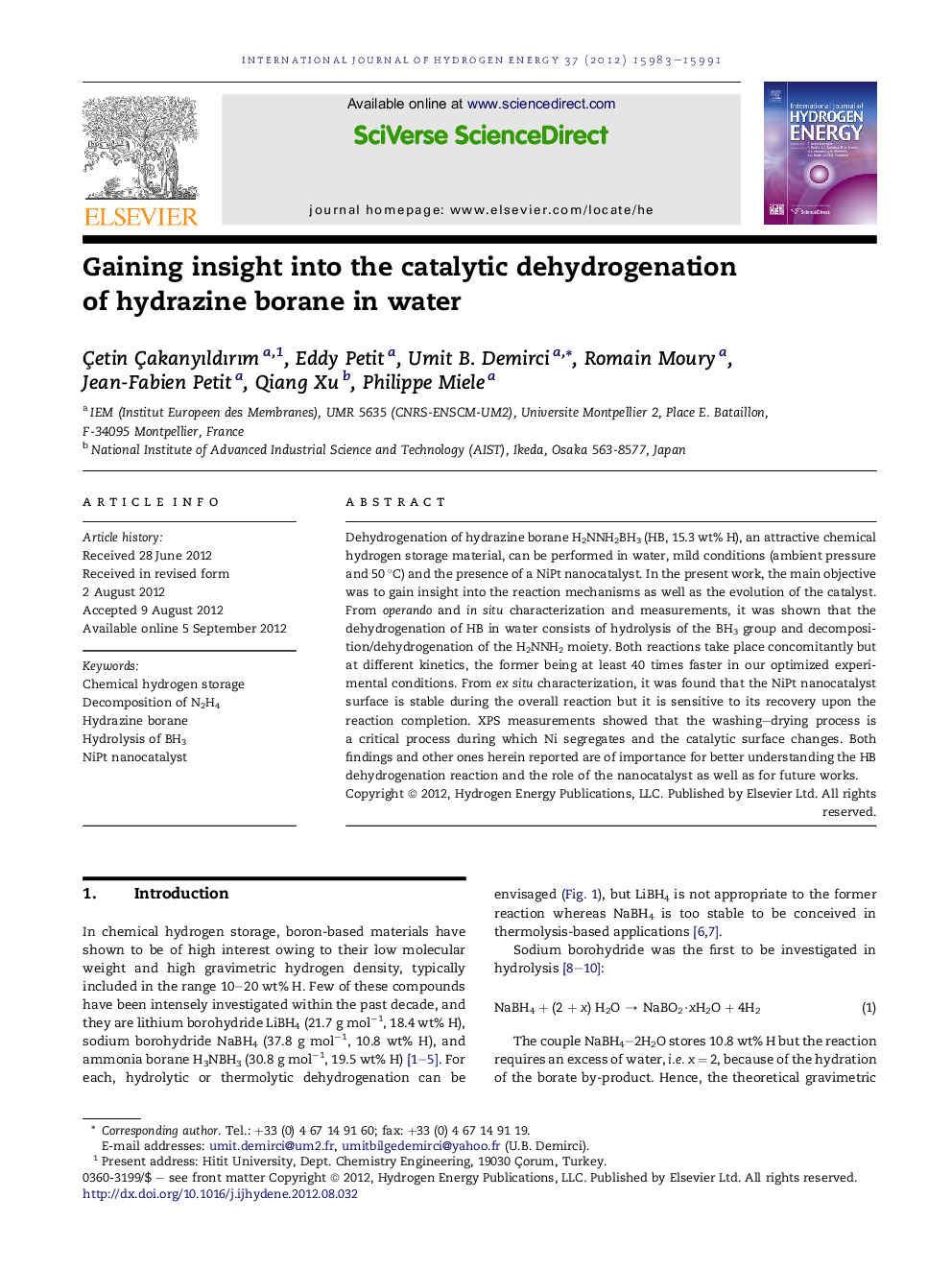 Gaining insight into the catalytic dehydrogenation of hydrazine borane in water