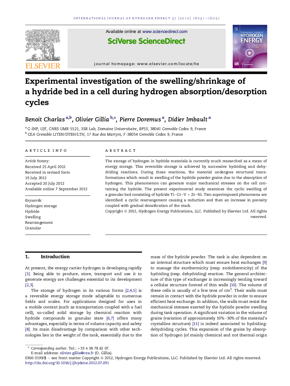 Experimental investigation of the swelling/shrinkage of a hydride bed in a cell during hydrogen absorption/desorption cycles