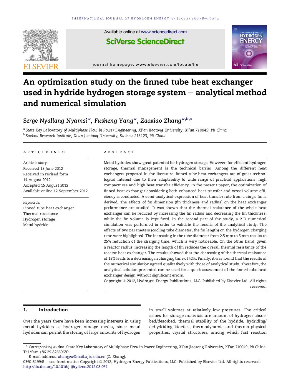 An optimization study on the finned tube heat exchanger used in hydride hydrogen storage system – analytical method and numerical simulation