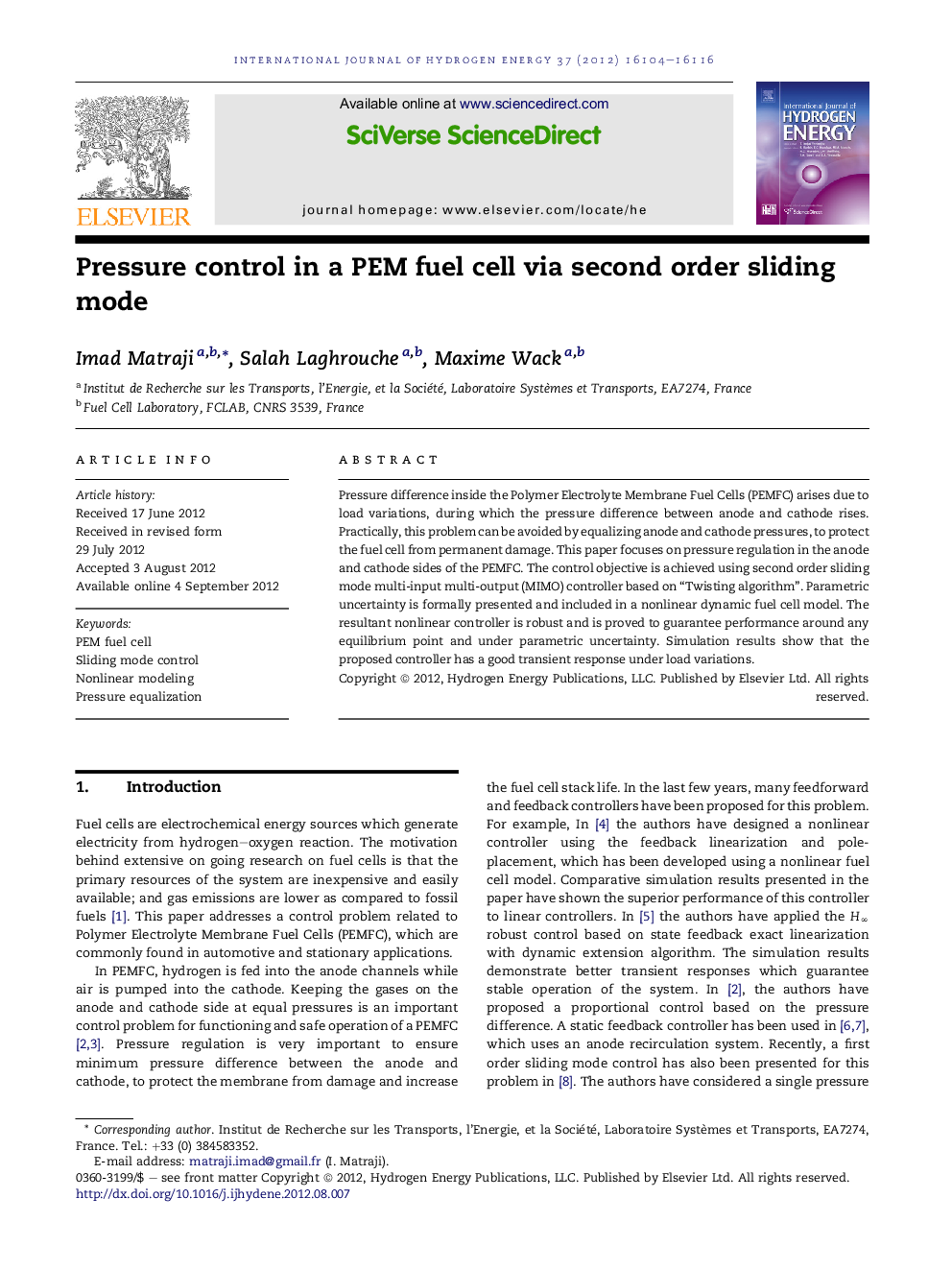 Pressure control in a PEM fuel cell via second order sliding mode