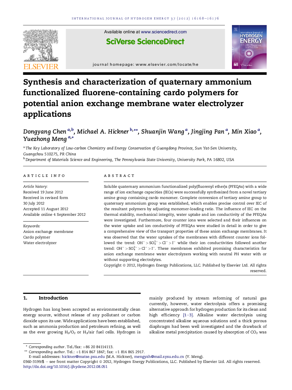 Synthesis and characterization of quaternary ammonium functionalized fluorene-containing cardo polymers for potential anion exchange membrane water electrolyzer applications