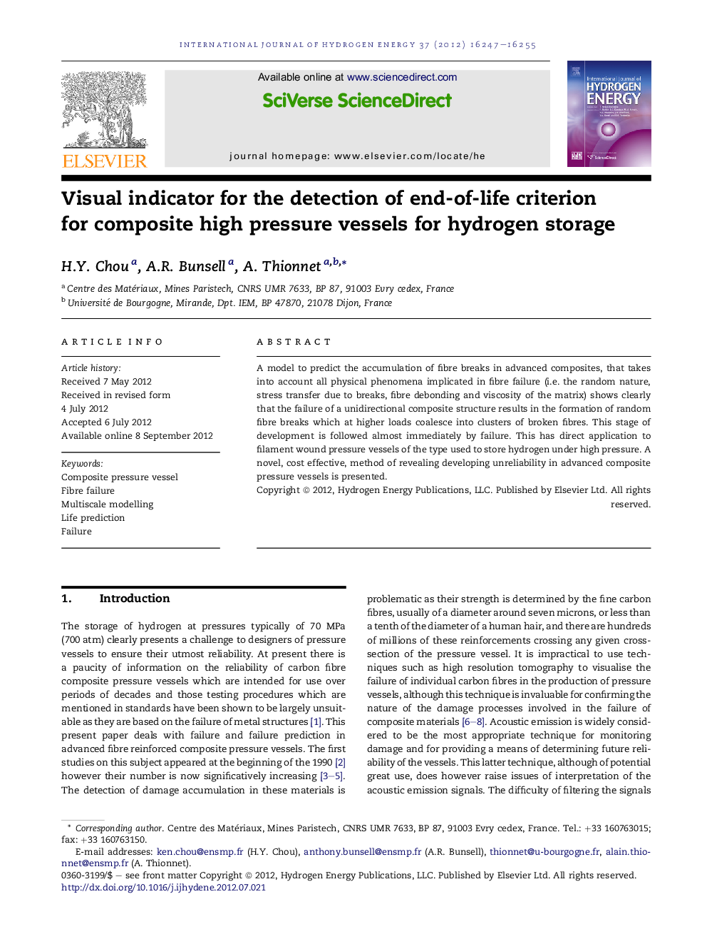 Visual indicator for the detection of end-of-life criterion for composite high pressure vessels for hydrogen storage