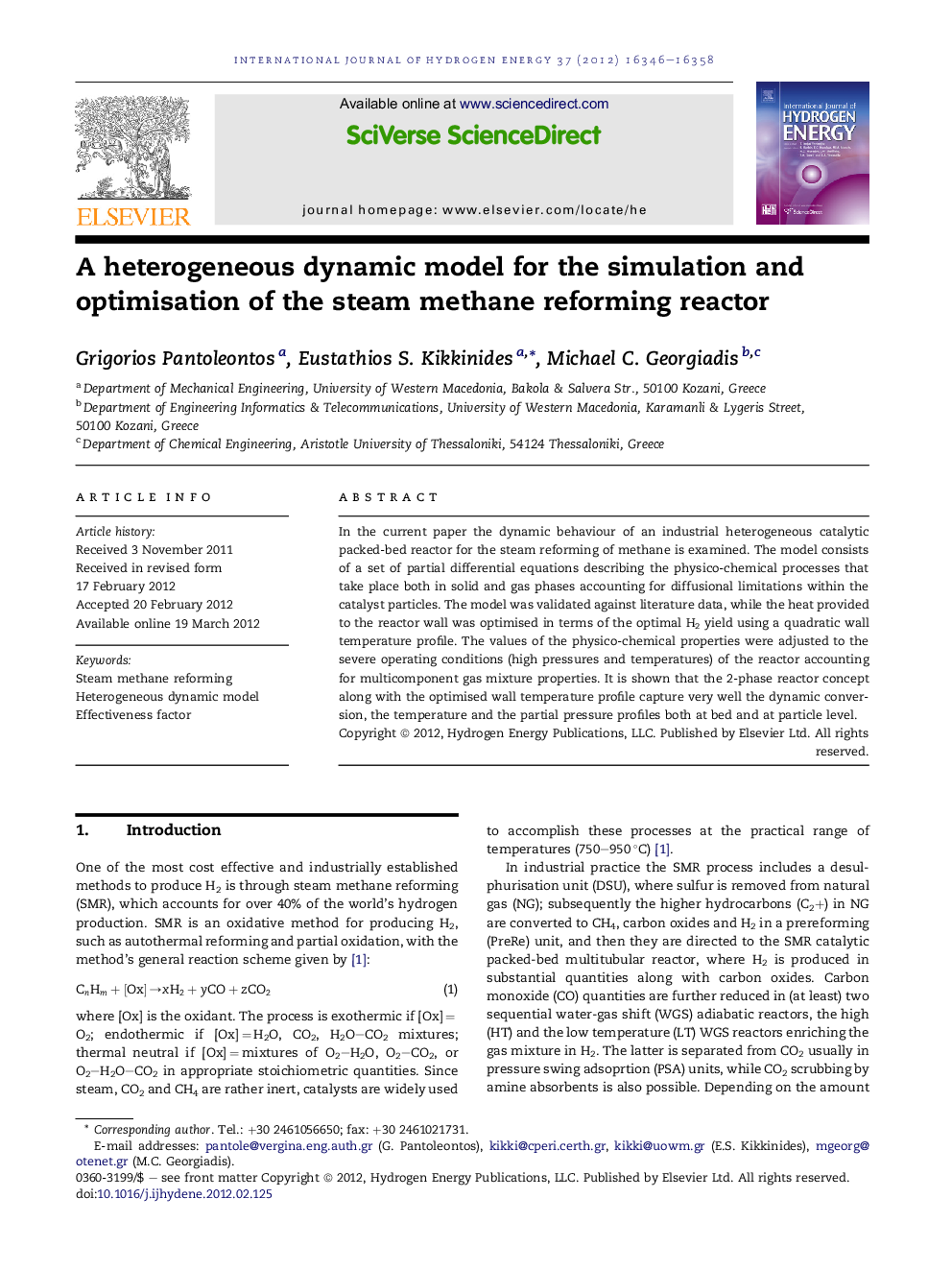 A heterogeneous dynamic model for the simulation and optimisation of the steam methane reforming reactor