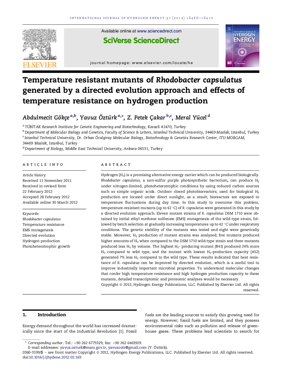 Temperature resistant mutants of Rhodobacter capsulatus generated by a directed evolution approach and effects of temperature resistance on hydrogen production