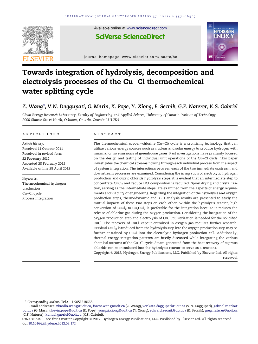 Towards integration of hydrolysis, decomposition and electrolysis processes of the Cu–Cl thermochemical water splitting cycle