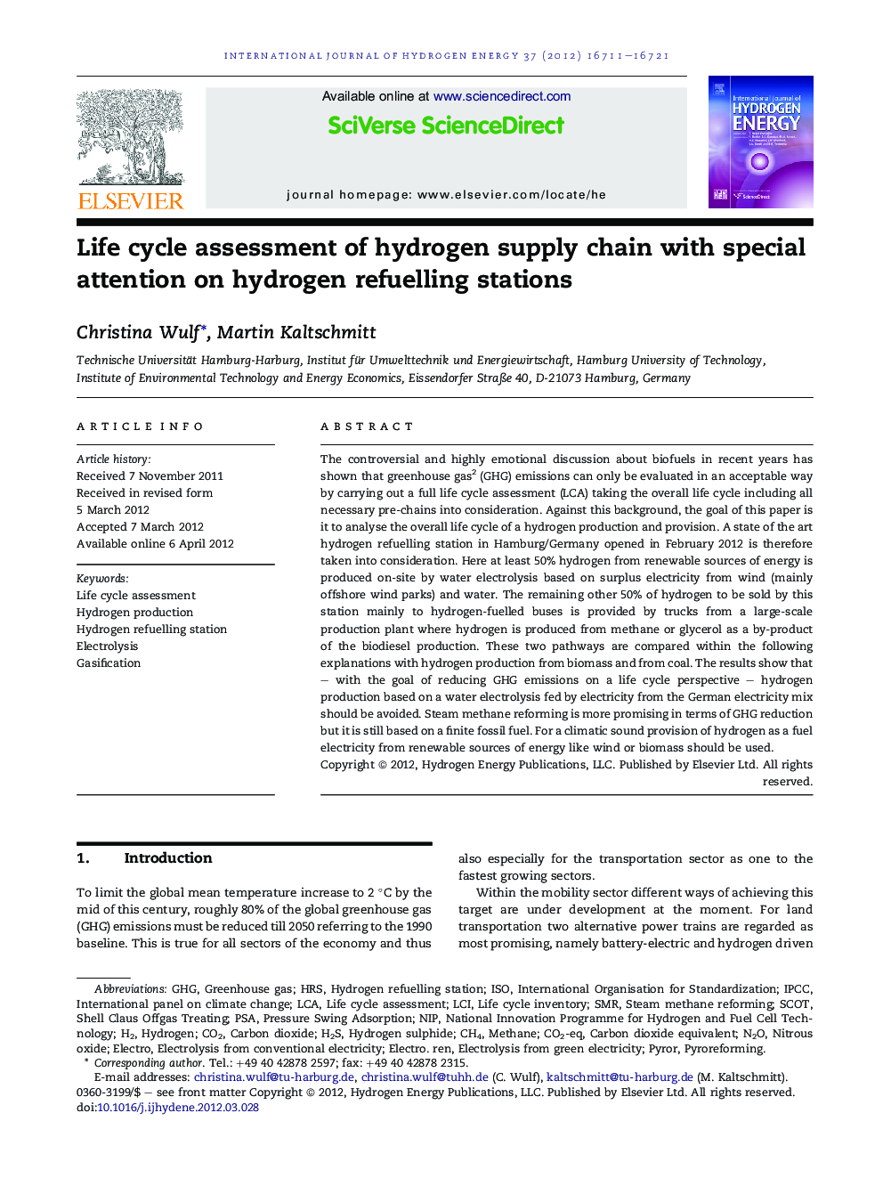 Life cycle assessment of hydrogen supply chain with special attention on hydrogen refuelling stations