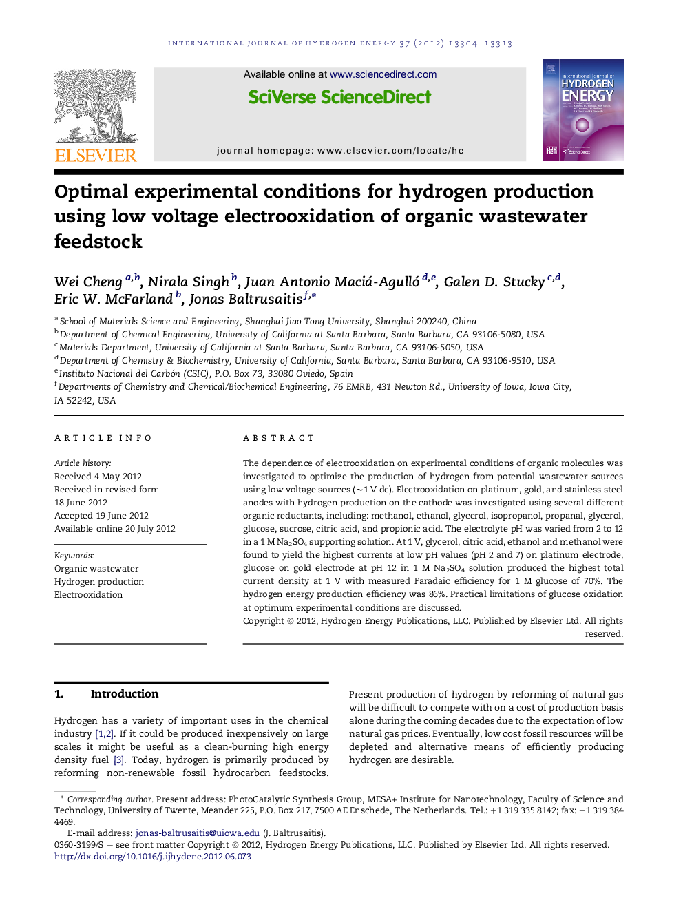 Optimal experimental conditions for hydrogen production using low voltage electrooxidation of organic wastewater feedstock