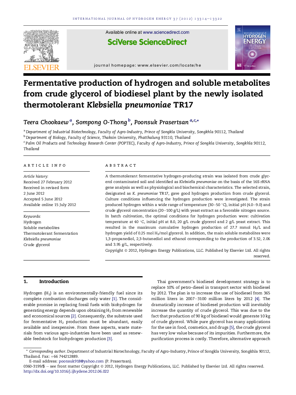 Fermentative production of hydrogen and soluble metabolites from crude glycerol of biodiesel plant by the newly isolated thermotolerant Klebsiella pneumoniae TR17