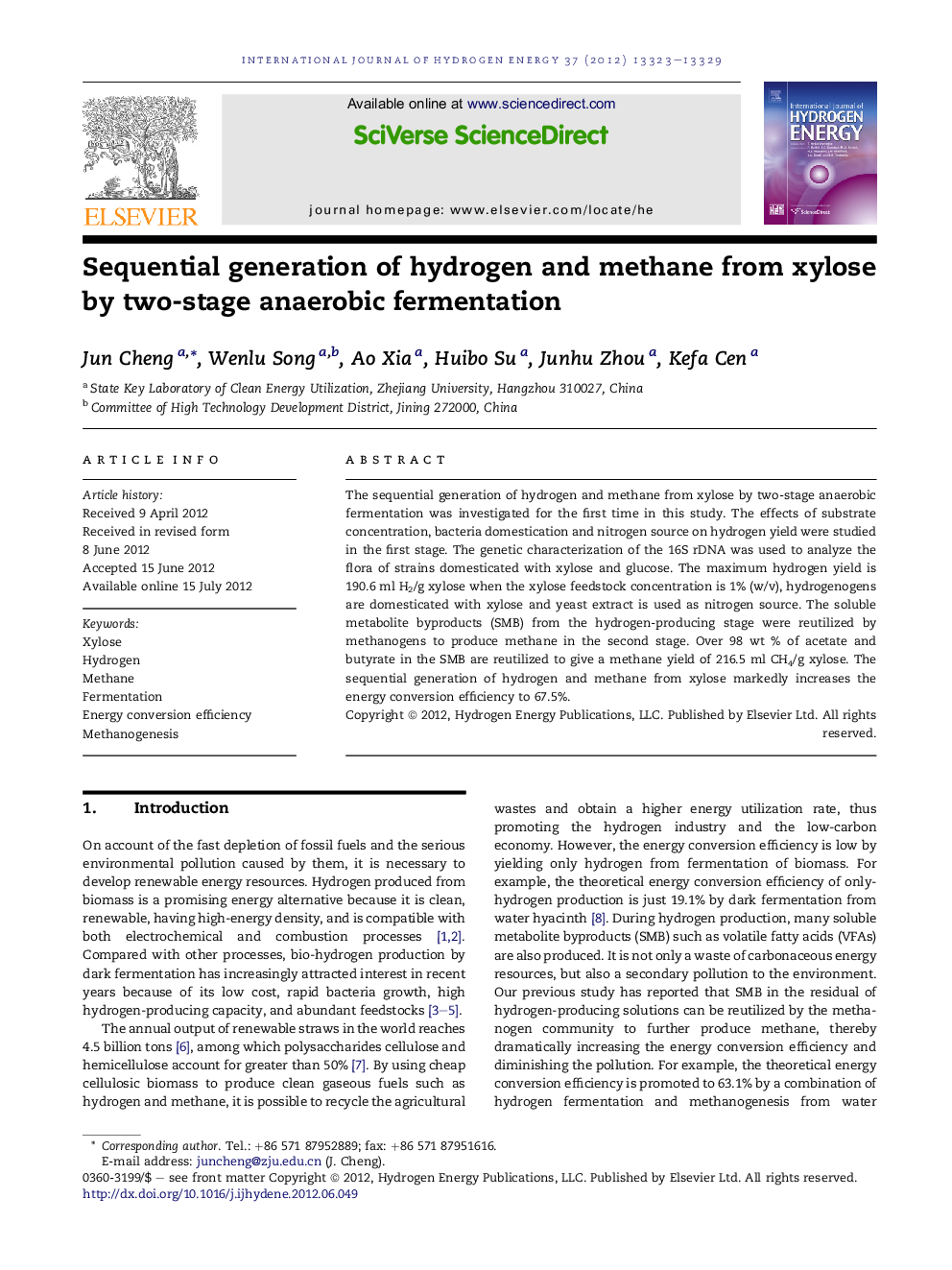 Sequential generation of hydrogen and methane from xylose by two-stage anaerobic fermentation