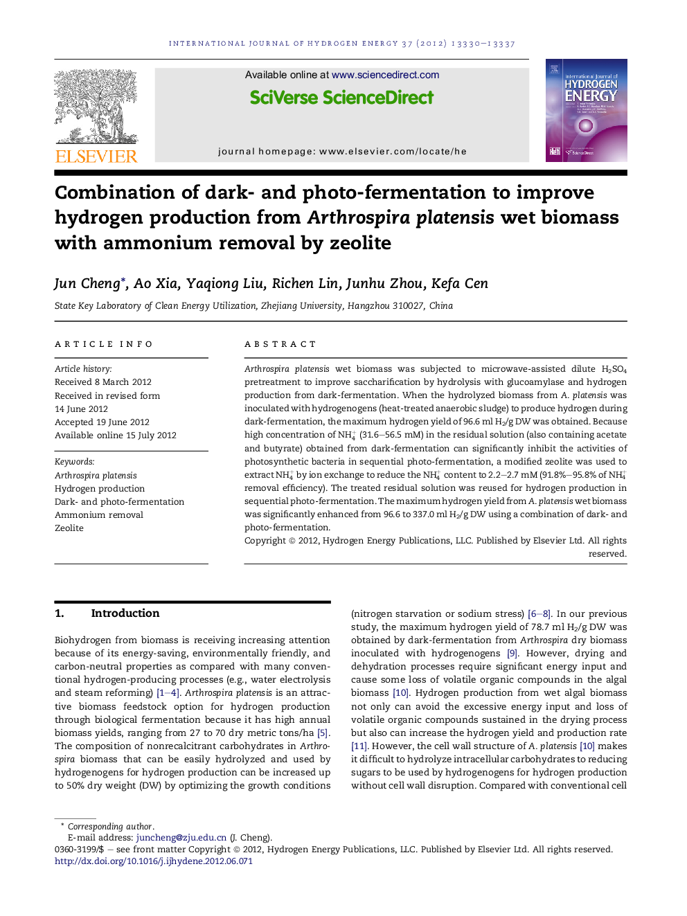 Combination of dark- and photo-fermentation to improve hydrogen production from Arthrospira platensis wet biomass with ammonium removal by zeolite