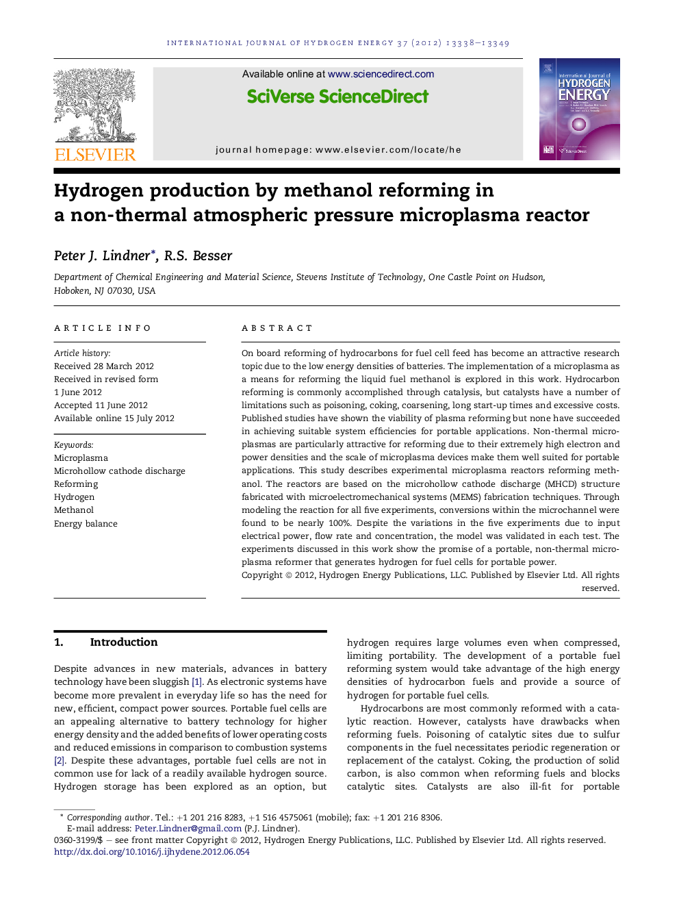 Hydrogen production by methanol reforming in a non-thermal atmospheric pressure microplasma reactor