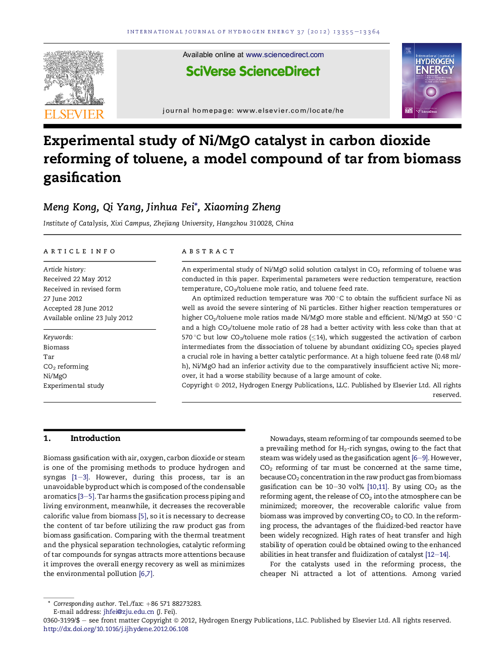 Experimental study of Ni/MgO catalyst in carbon dioxide reforming of toluene, a model compound of tar from biomass gasification