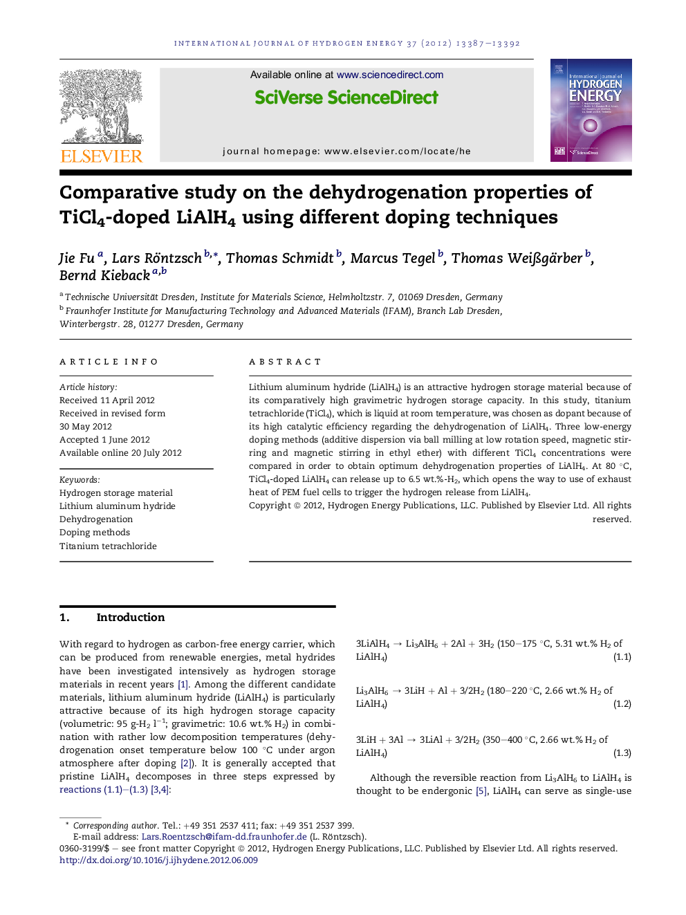 Comparative study on the dehydrogenation properties of TiCl4-doped LiAlH4 using different doping techniques