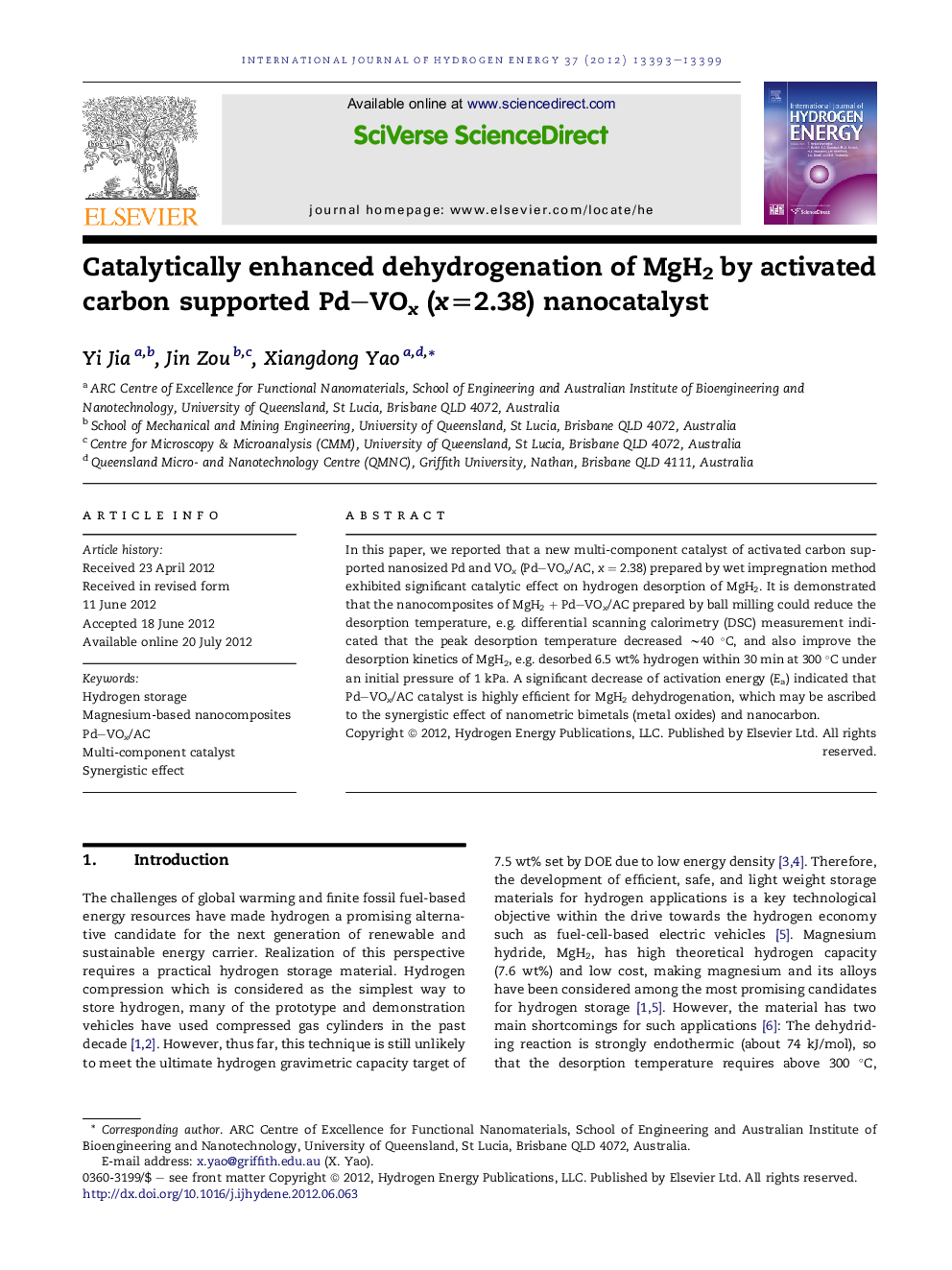 Catalytically enhanced dehydrogenation of MgH2 by activated carbon supported Pd–VOx (x=2.38) nanocatalyst