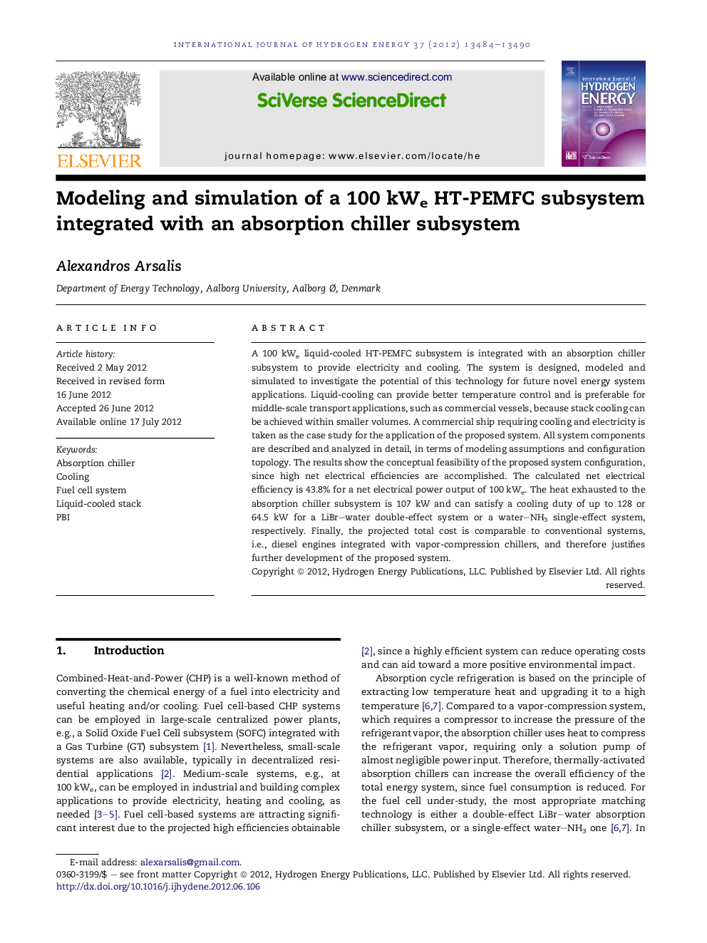 Modeling and simulation of a 100 kWe HT-PEMFC subsystem integrated with an absorption chiller subsystem