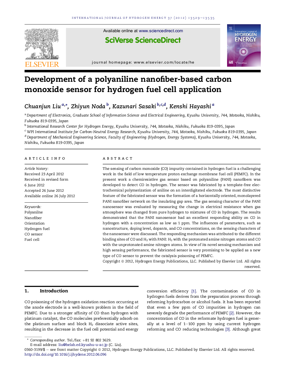 Development of a polyaniline nanofiber-based carbon monoxide sensor for hydrogen fuel cell application