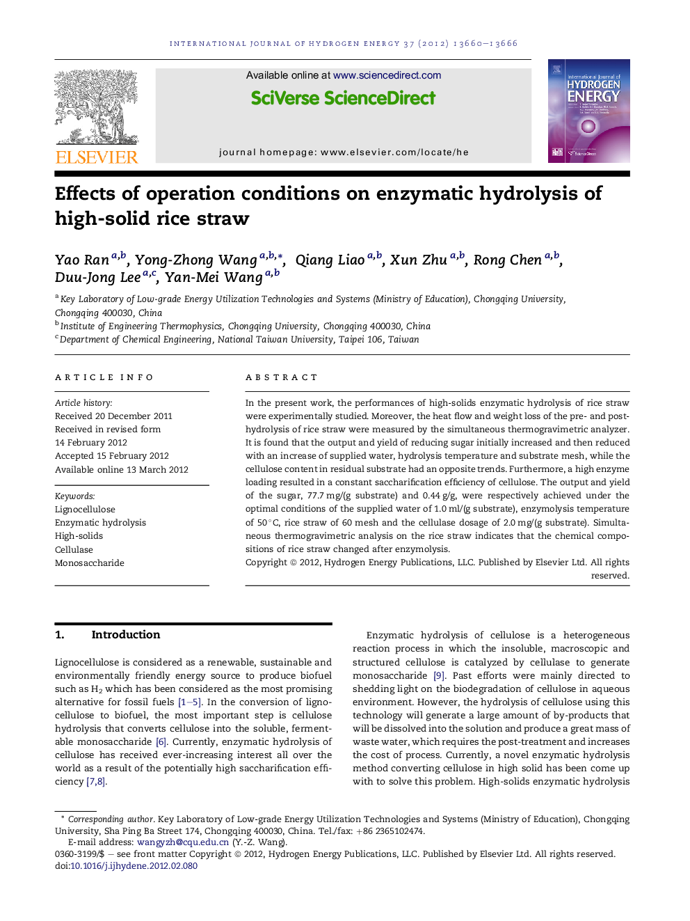 Effects of operation conditions on enzymatic hydrolysis of high-solid rice straw