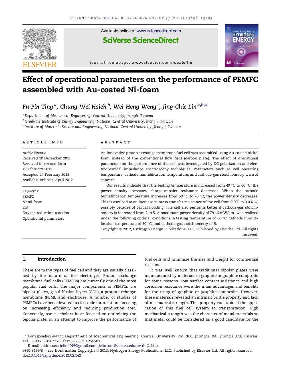 Effect of operational parameters on the performance of PEMFC assembled with Au-coated Ni-foam