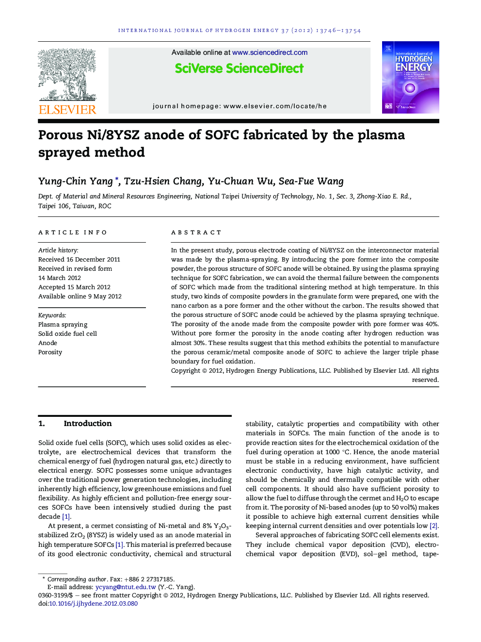 Porous Ni/8YSZ anode of SOFC fabricated by the plasma sprayed method