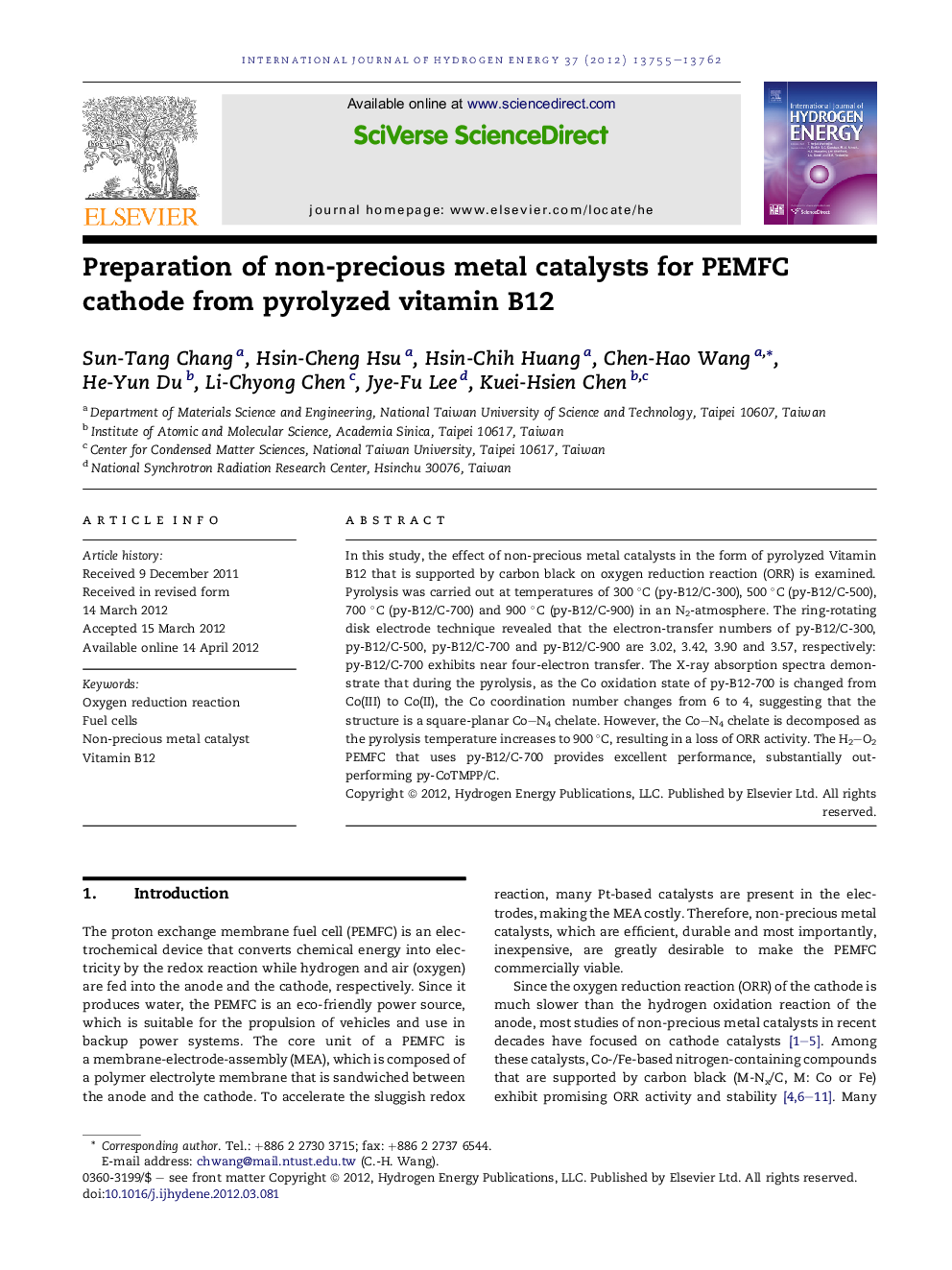 Preparation of non-precious metal catalysts for PEMFC cathode from pyrolyzed vitamin B12