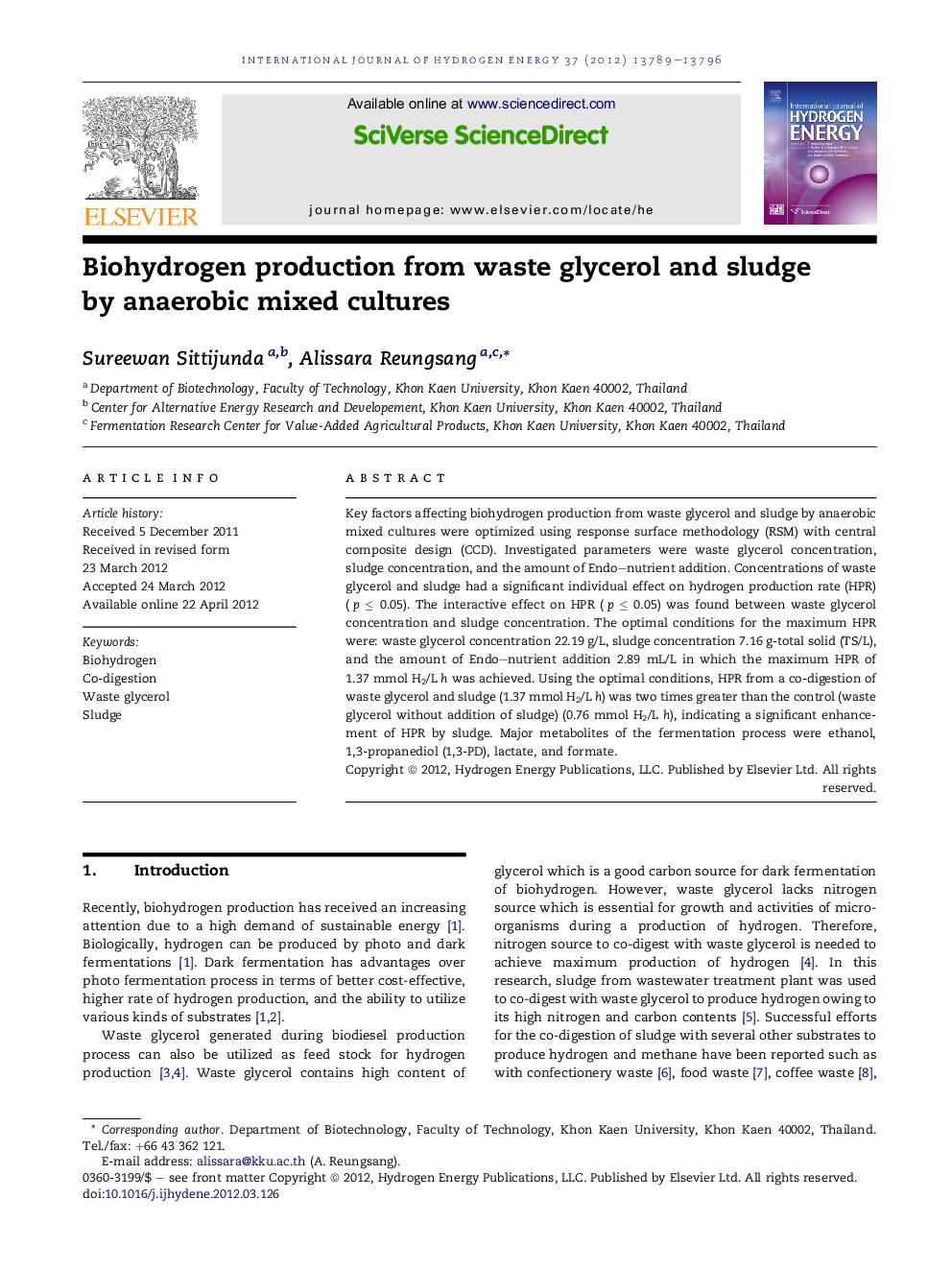 Biohydrogen production from waste glycerol and sludge by anaerobic mixed cultures