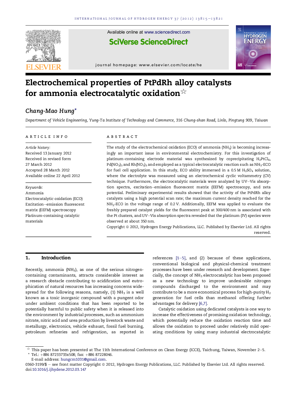 Electrochemical properties of PtPdRh alloy catalysts for ammonia electrocatalytic oxidation 