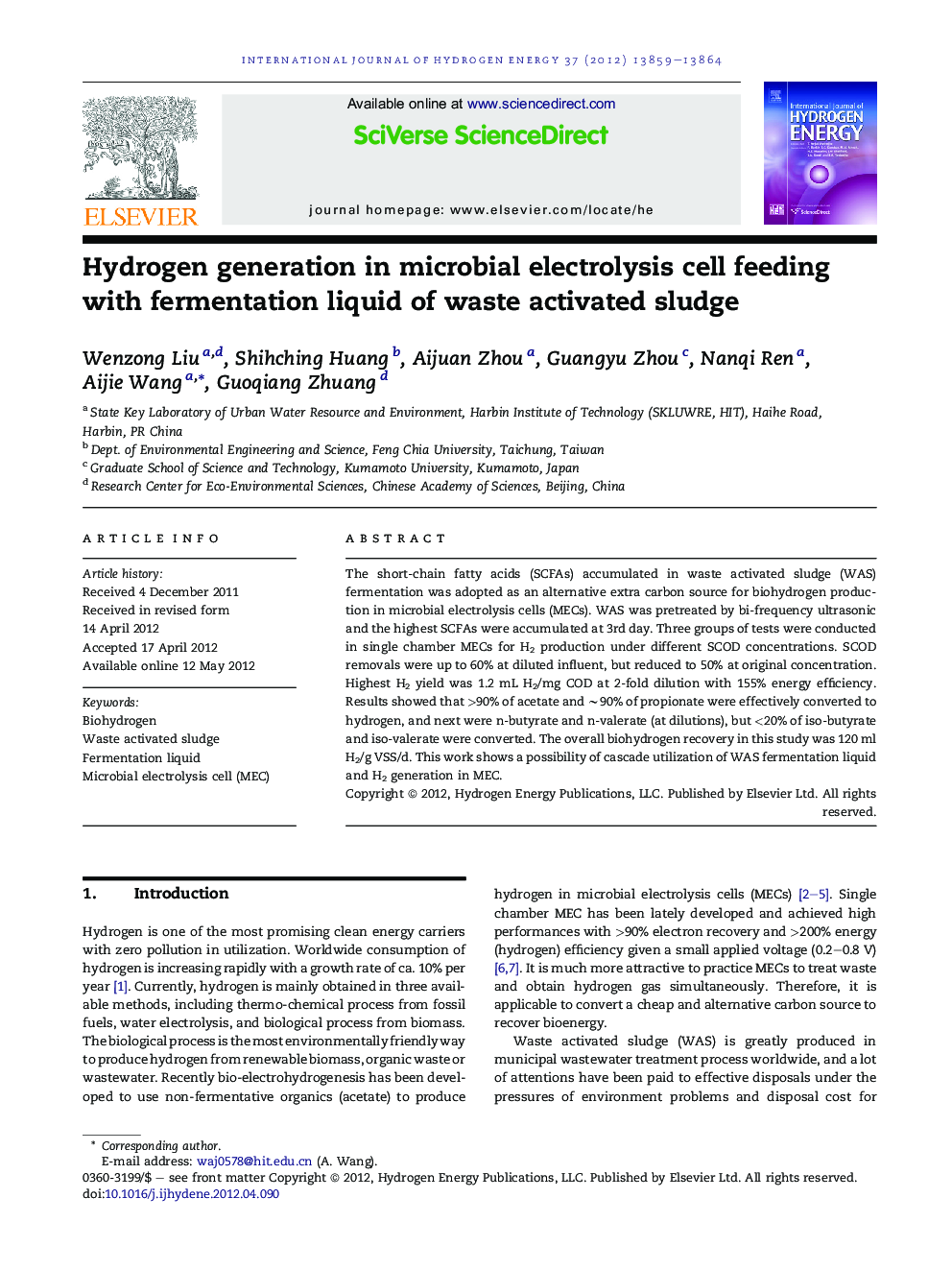 Hydrogen generation in microbial electrolysis cell feeding with fermentation liquid of waste activated sludge