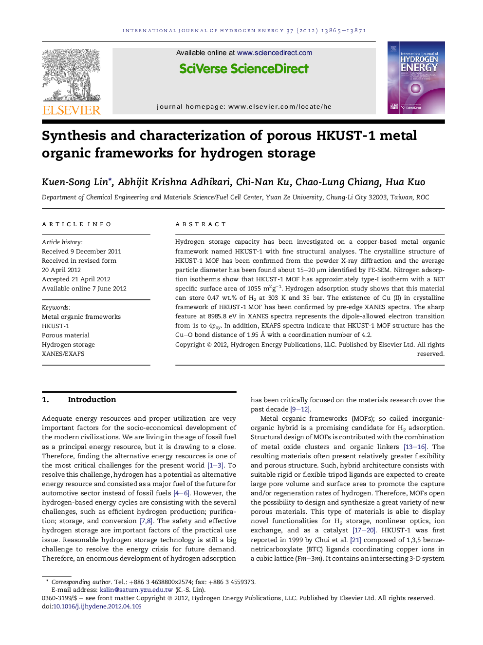 Synthesis and characterization of porous HKUST-1 metal organic frameworks for hydrogen storage