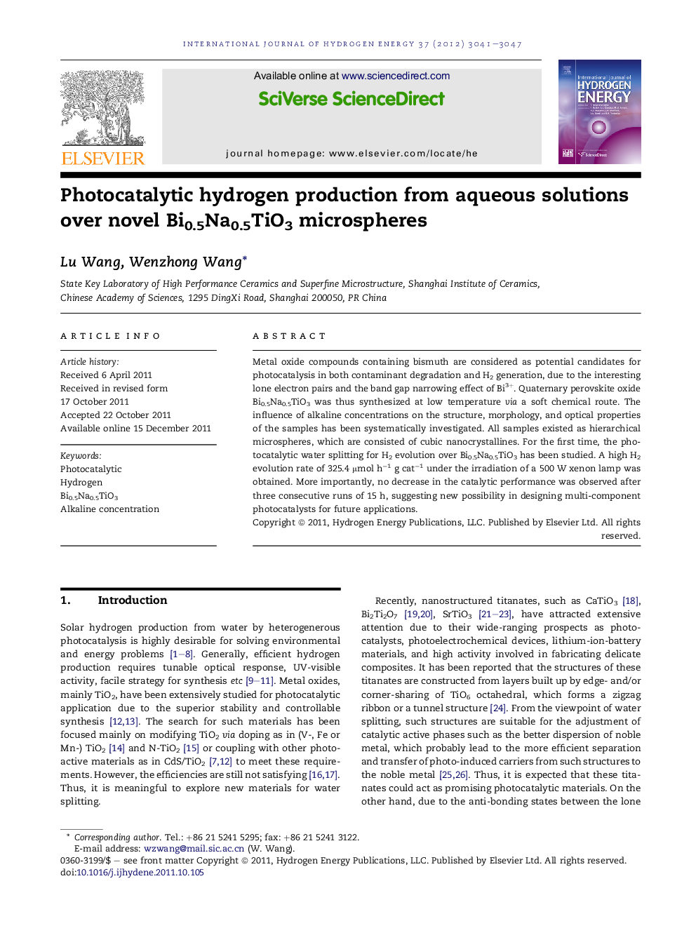 Photocatalytic hydrogen production from aqueous solutions over novel Bi0.5Na0.5TiO3 microspheres