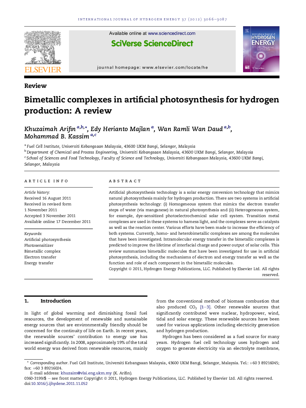 Bimetallic complexes in artificial photosynthesis for hydrogen production: A review