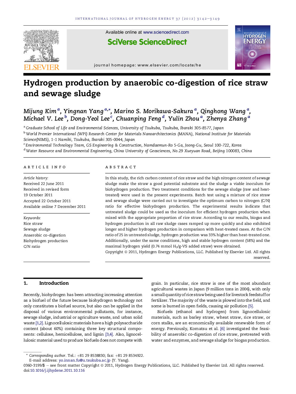 Hydrogen production by anaerobic co-digestion of rice straw and sewage sludge