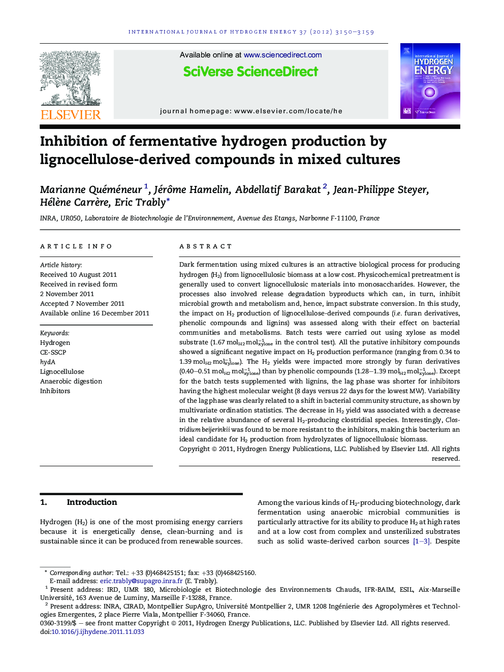 Inhibition of fermentative hydrogen production by lignocellulose-derived compounds in mixed cultures