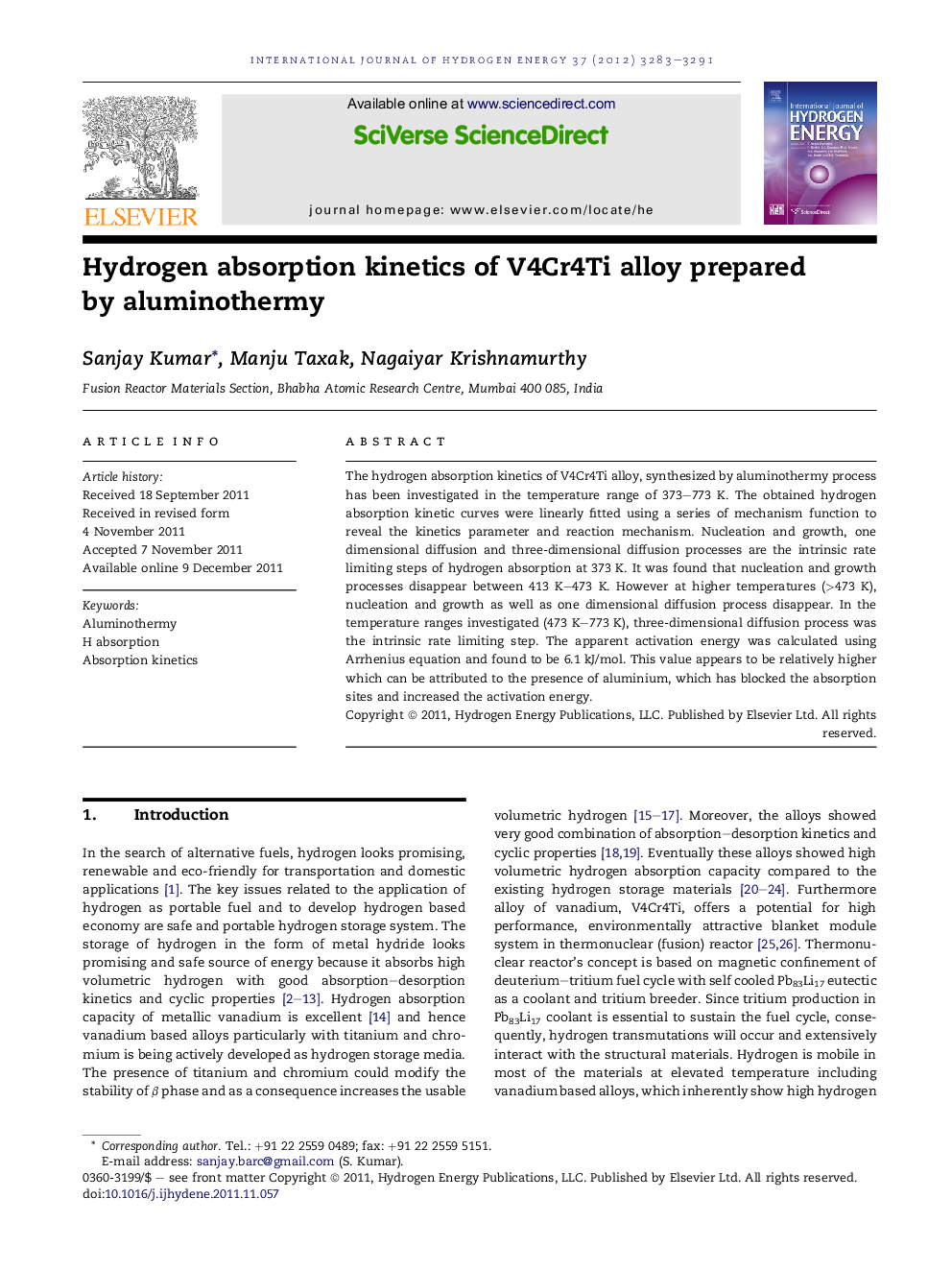 Hydrogen absorption kinetics of V4Cr4Ti alloy prepared by aluminothermy